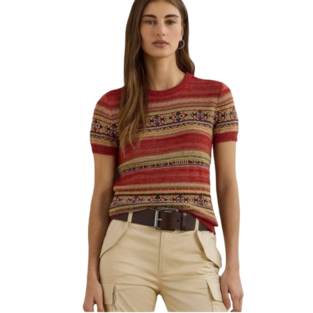 LAUREN RALPH LAUREN Red and Beige Pattern Sweater Cotton/Linen Blend Sz PS NWT